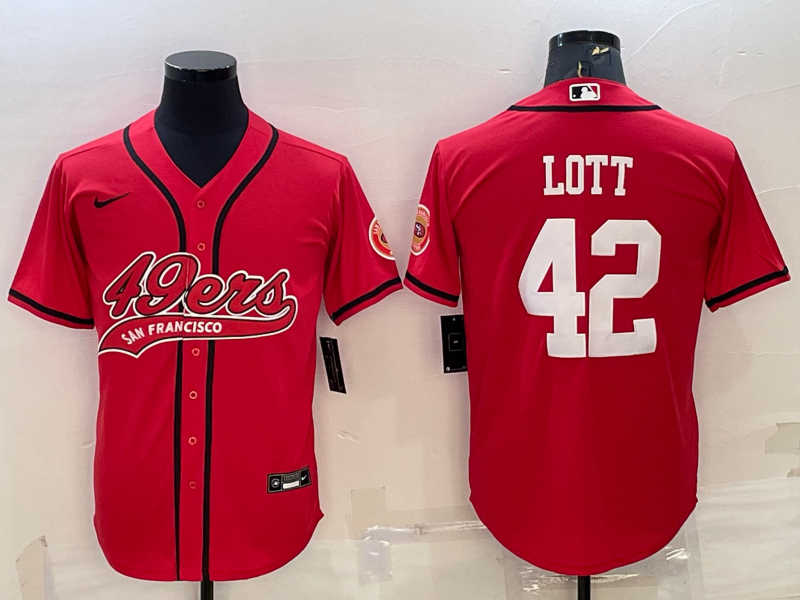 Men's San Francisco 49ers #42 Ronnie Lott Red With Patch Cool Base Stitched Baseball Jersey Men's San Francisco 49ers #42 Ronnie Lott Red With Patch Cool Base Stitched Baseball Jersey